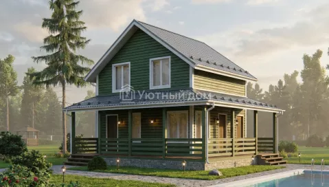 Двухэтажный каркасный дом 8 на 9 с террасой и баней. Проект ДК-42 «Богатырь»